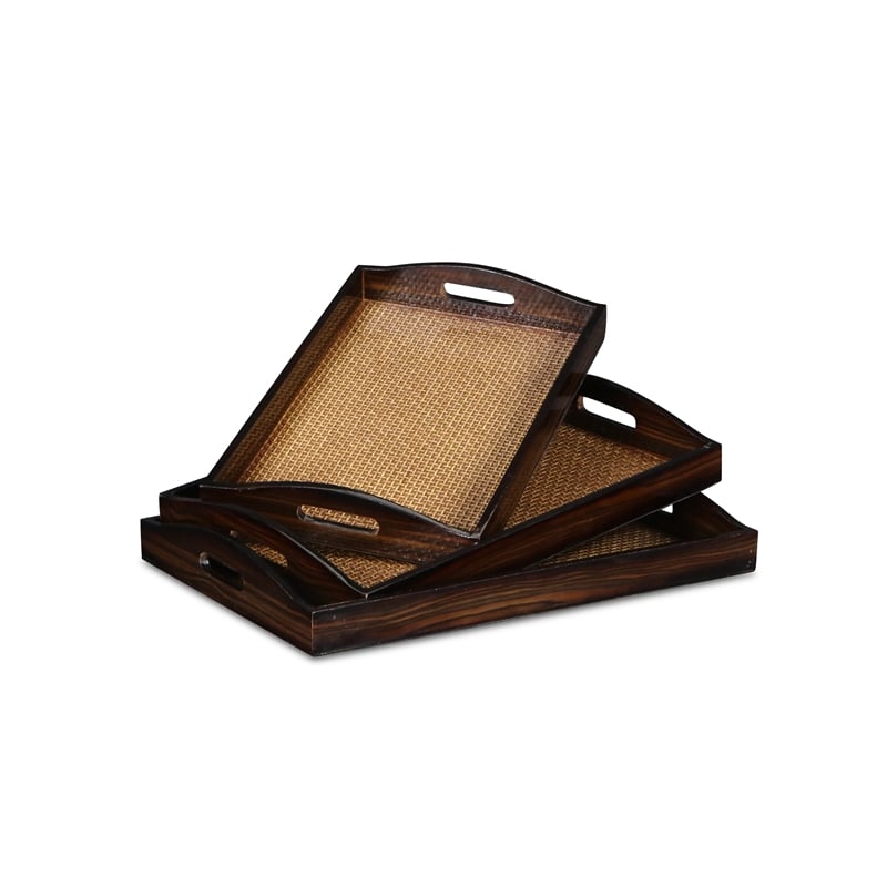 Pemberly Row Nesting Wood Tray Set of 3 with Woven Pattern Center