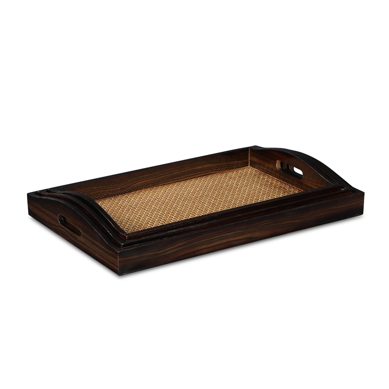 Pemberly Row Nesting Wood Tray Set of 3 with Woven Pattern Center