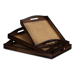 Pemberly Row Nesting Wood Tray Set of 3 with Woven Pattern Center