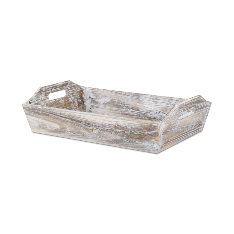 Pemberly Row Deep Tapered Rectangular Wood Tray in White with Cut-Out Handles