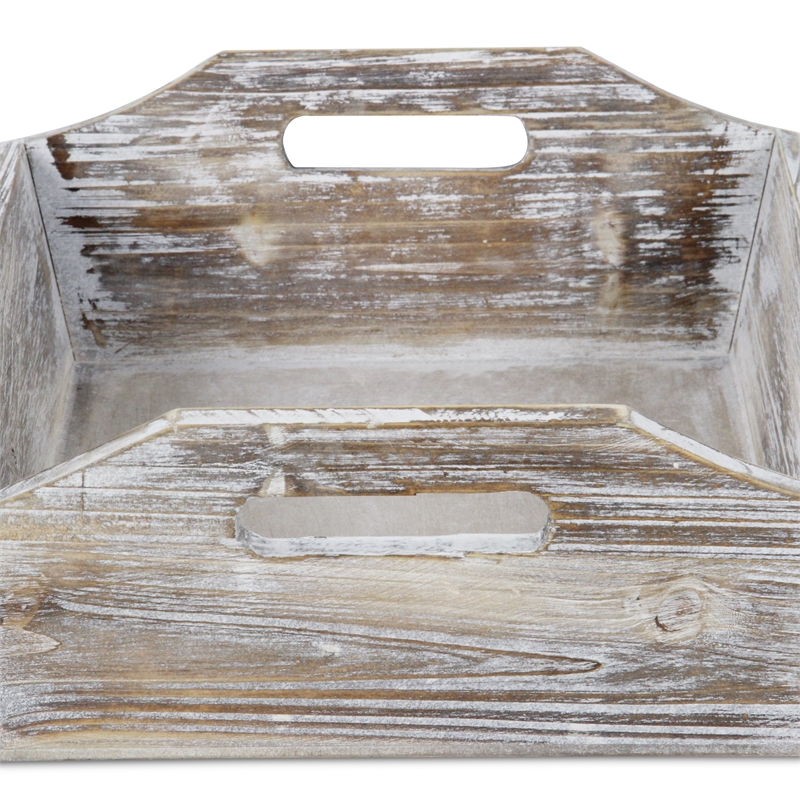 Pemberly Row Deep Tapered Rectangular Wood Tray in White with Cut-Out Handles