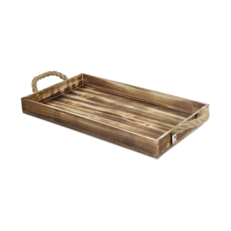 Pemberly Row Rectangular Wood Tray in Brown with Rope Handles