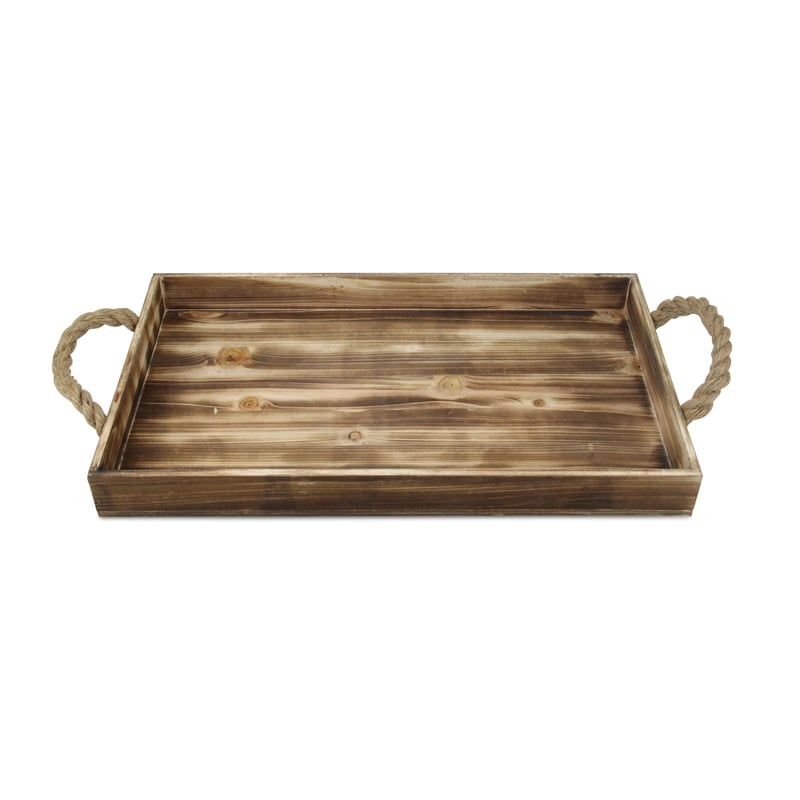 Pemberly Row Rectangular Wood Tray in Brown with Rope Handles