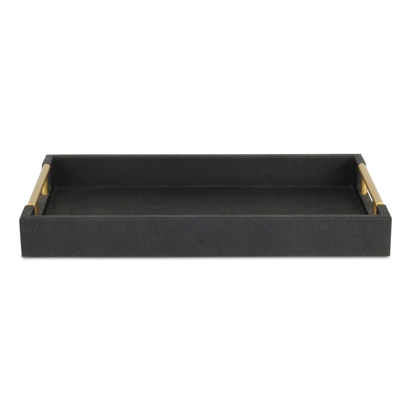 Pemberly Row Faux Shagreen Vinyl Tray in Black with Metal Handles