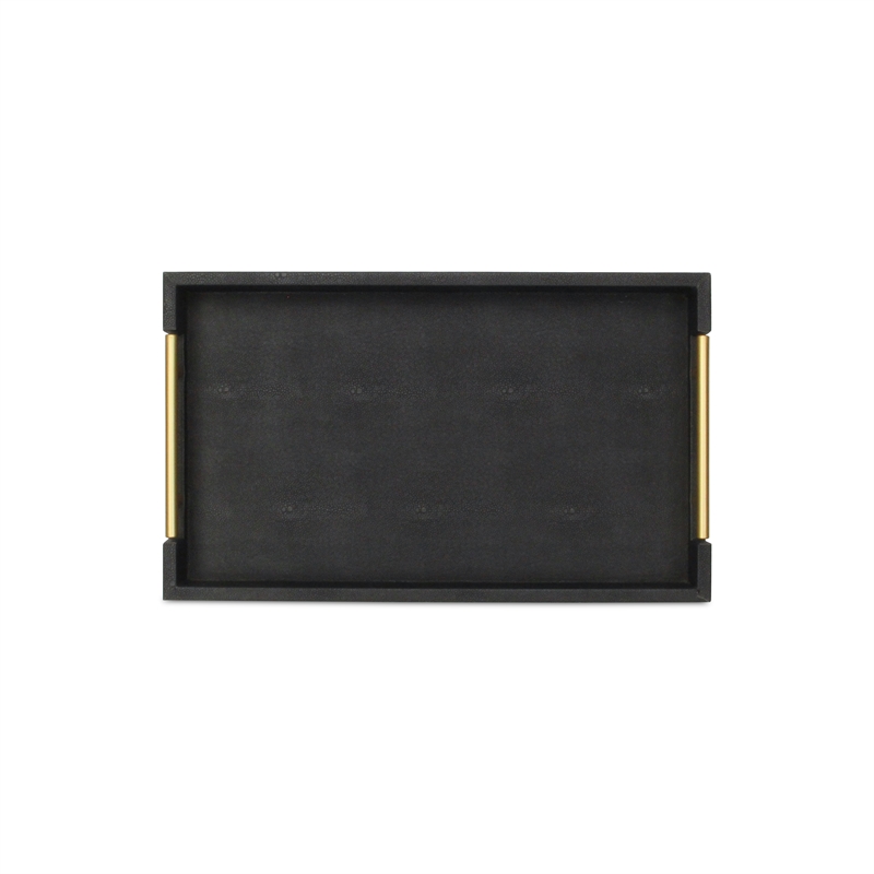 Pemberly Row Faux Shagreen Vinyl Tray in Black with Metal Handles