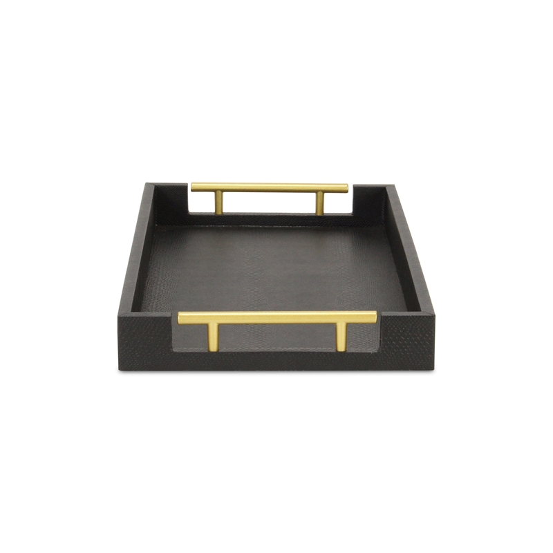 Pemberly Row Faux Snakeskin Vinyl Tray in Black with Metal Handles