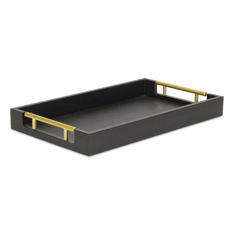 Pemberly Row Faux Snakeskin Vinyl Tray in Black with Metal Handles
