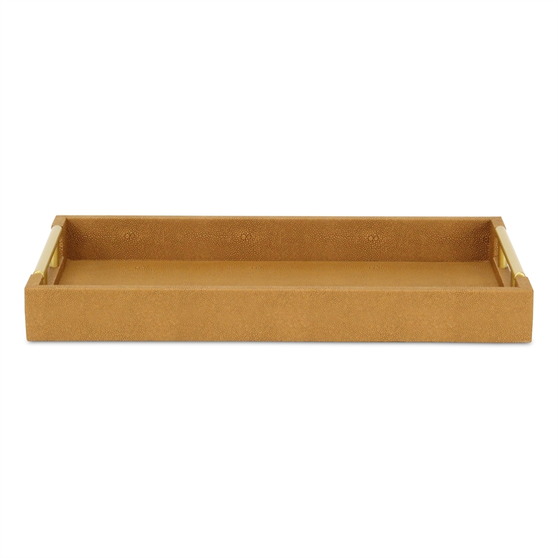 Pemberly Row Faux Shagreen Vinyl Tray in Brown with Metal Handles