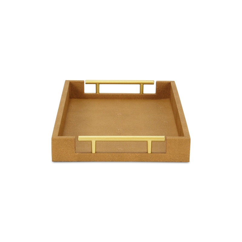 Pemberly Row Faux Shagreen Vinyl Tray in Brown with Metal Handles