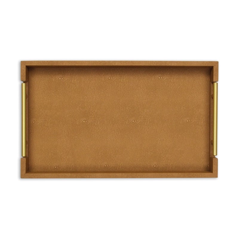 Pemberly Row Faux Shagreen Vinyl Tray in Brown with Metal Handles