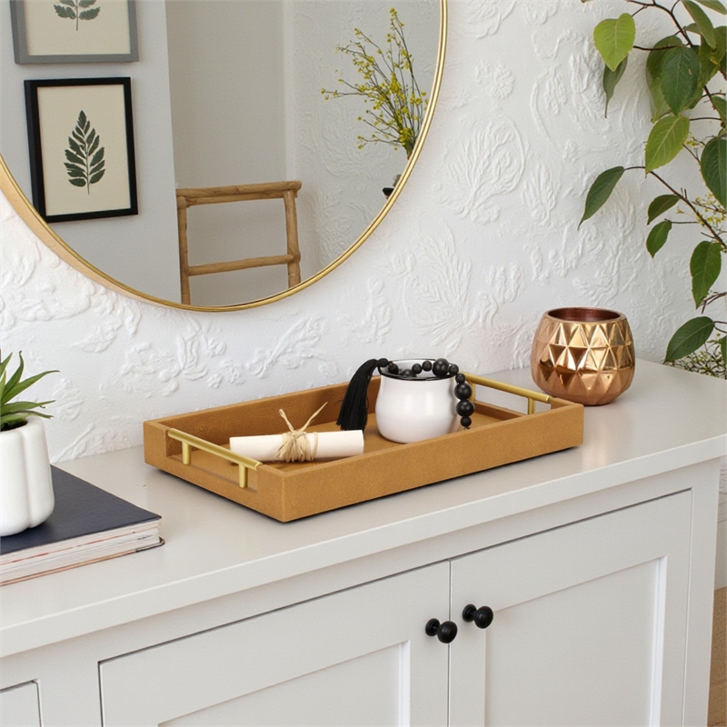 Pemberly Row Faux Shagreen Vinyl Tray in Brown with Metal Handles