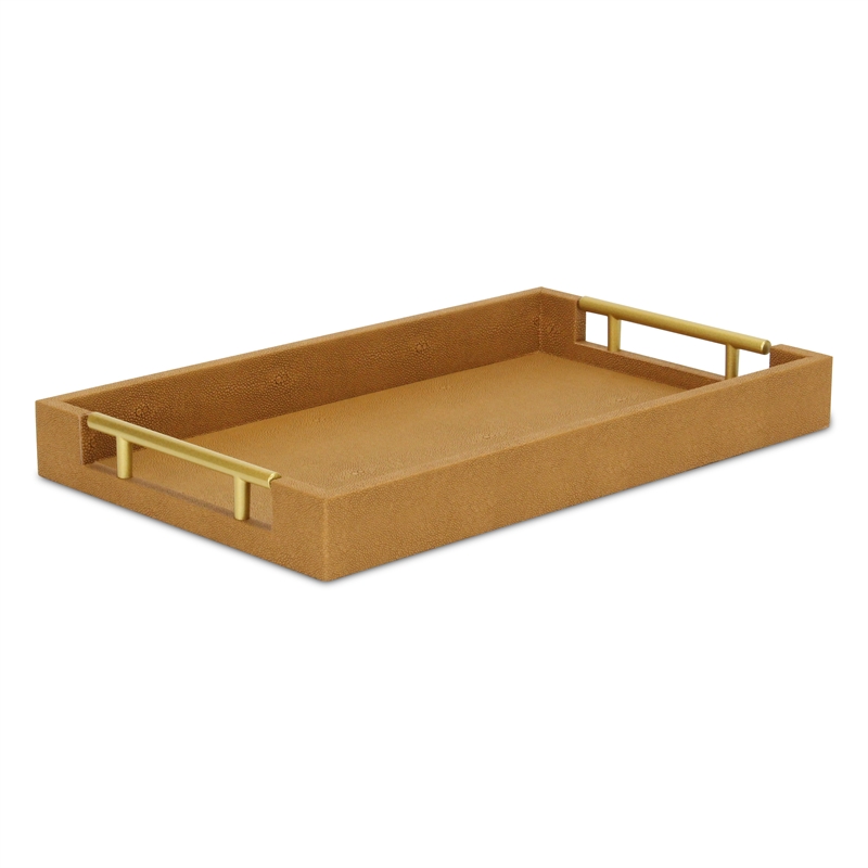 Pemberly Row Faux Shagreen Vinyl Tray in Brown with Metal Handles