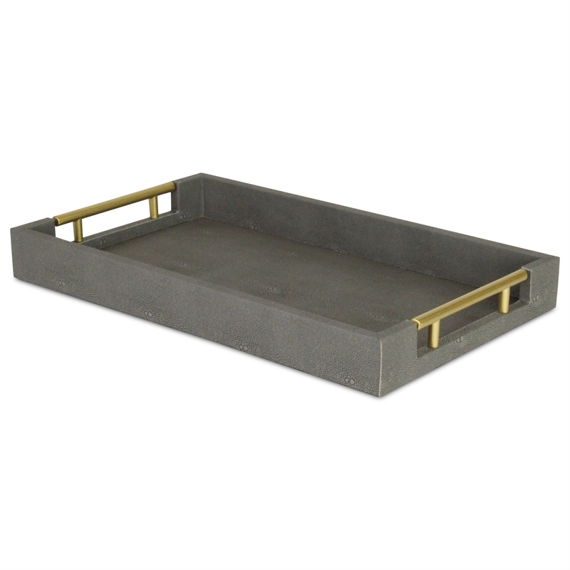 Pemberly Row Faux Shagreen Vinyl Tray in Gray with Metal Handles