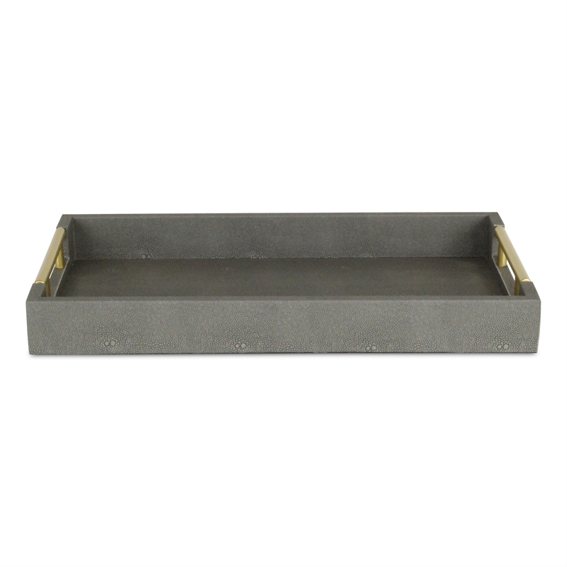 Pemberly Row Faux Shagreen Vinyl Tray in Gray with Metal Handles