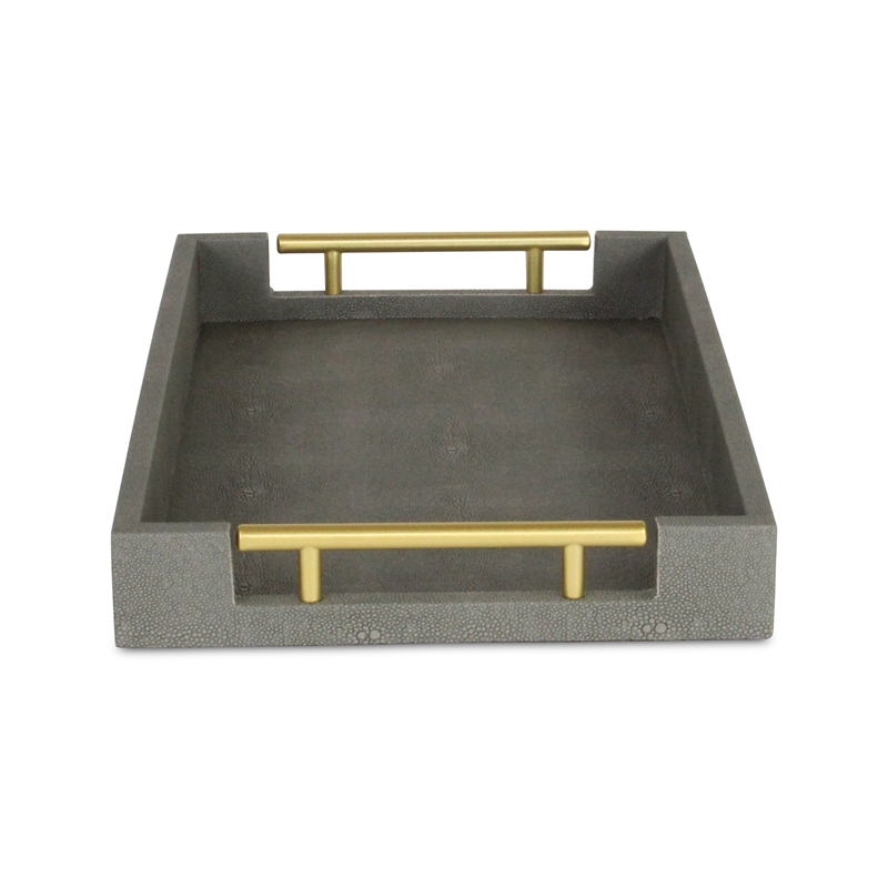Pemberly Row Faux Shagreen Vinyl Tray in Gray with Metal Handles