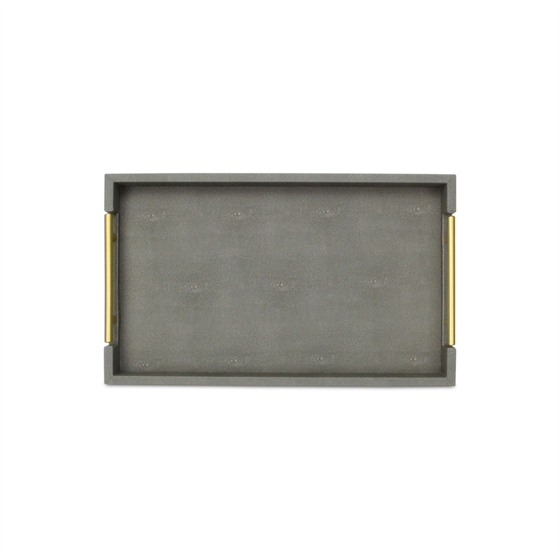 Pemberly Row Faux Shagreen Vinyl Tray in Gray with Metal Handles