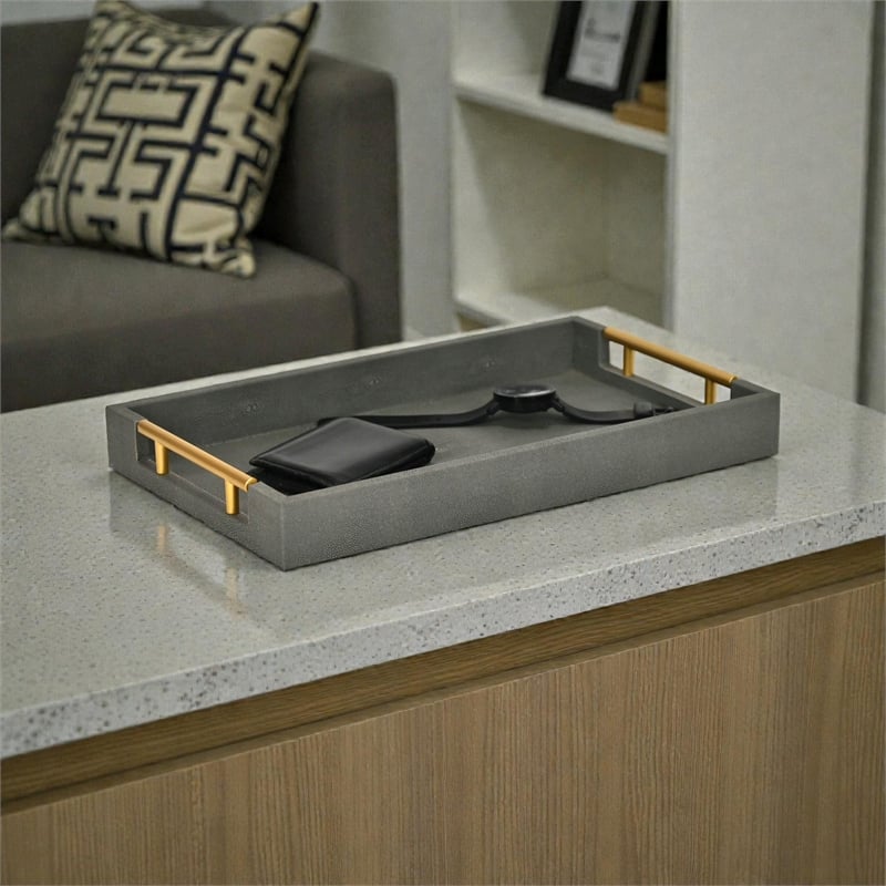 Pemberly Row Faux Shagreen Vinyl Tray in Gray with Metal Handles