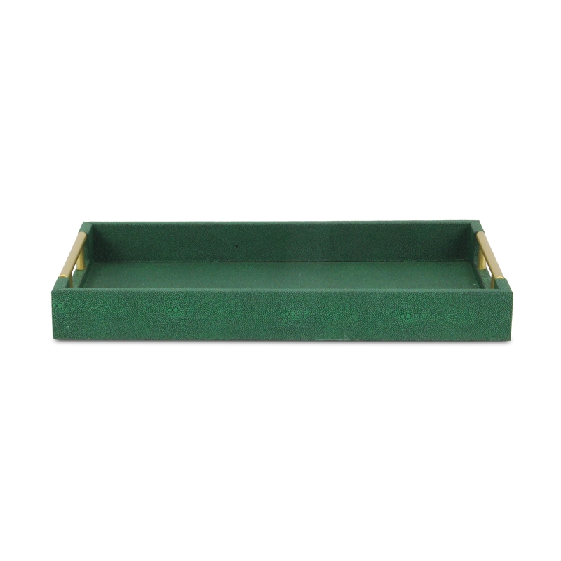 Pemberly Row Faux Shagreen Vinyl Tray in Green with Metal Handles