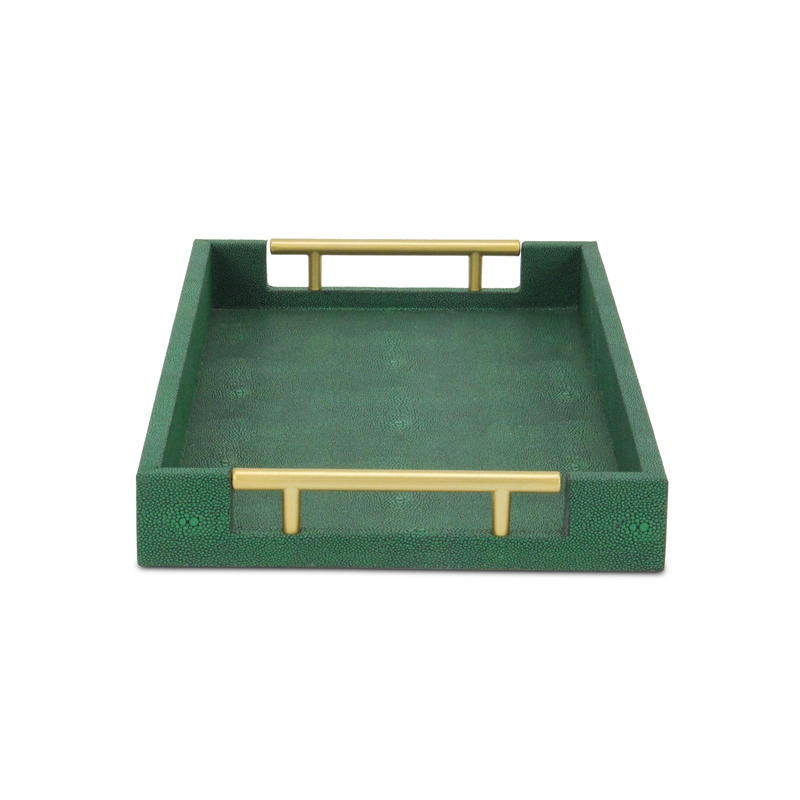 Pemberly Row Faux Shagreen Vinyl Tray in Green with Metal Handles