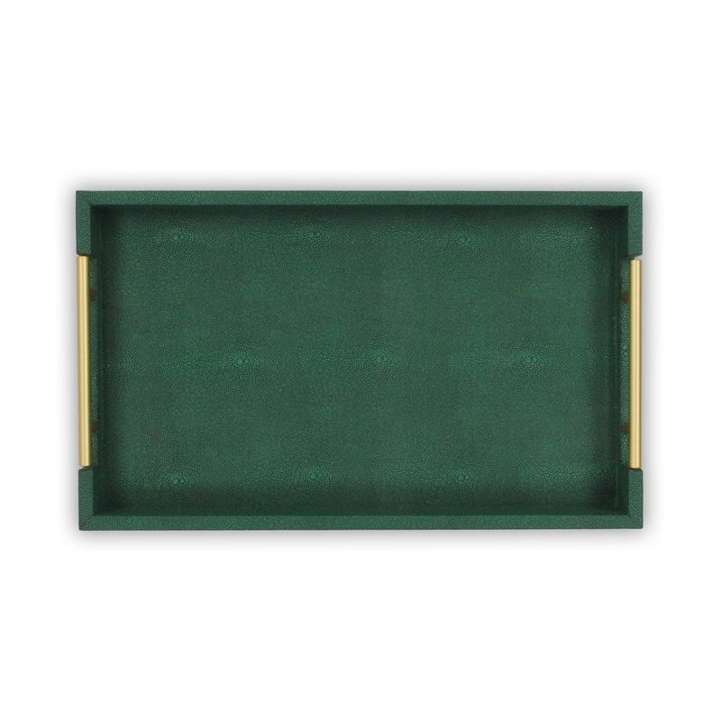 Pemberly Row Faux Shagreen Vinyl Tray in Green with Metal Handles