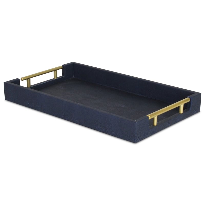 Pemberly Row Faux Shagreen Vinyl Tray in Navy Blue with Metal Handles