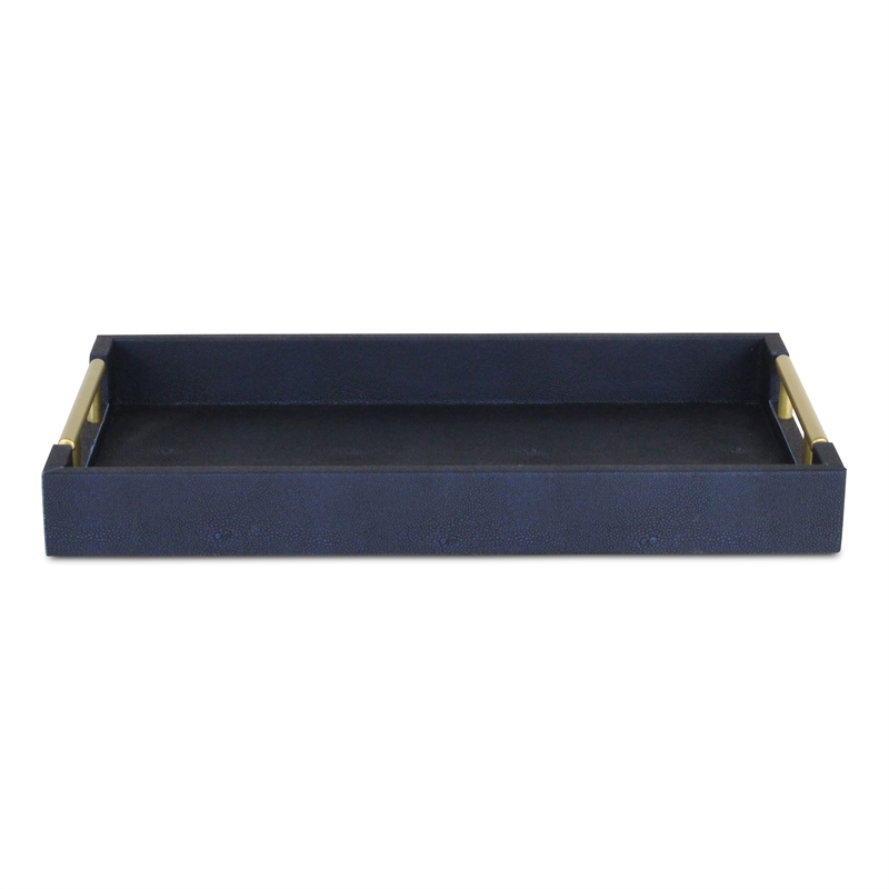 Pemberly Row Faux Shagreen Vinyl Tray in Navy Blue with Metal Handles