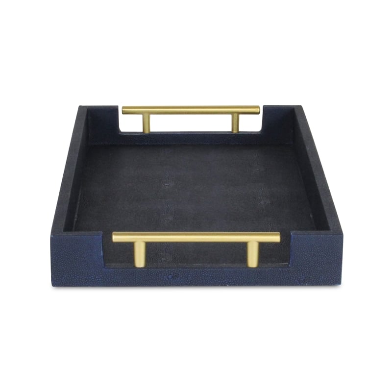 Pemberly Row Faux Shagreen Vinyl Tray in Navy Blue with Metal Handles