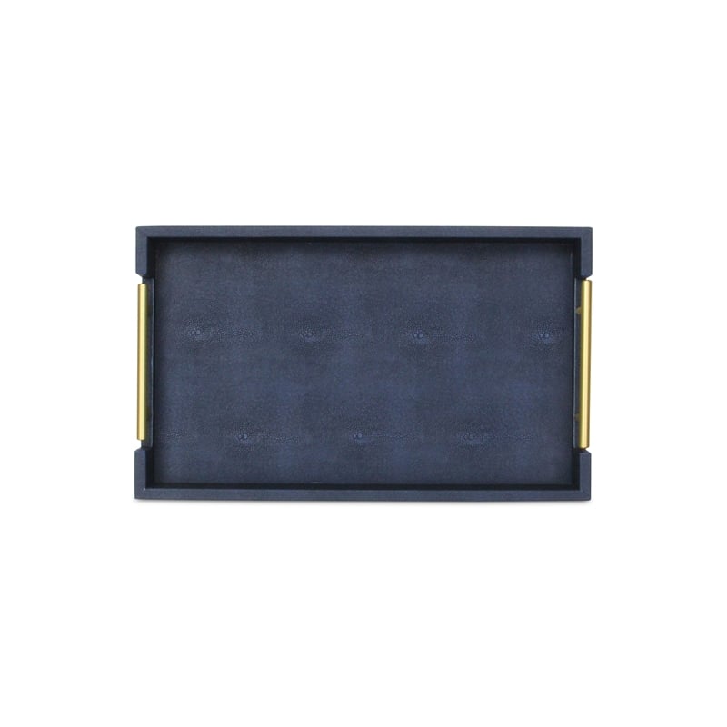 Pemberly Row Faux Shagreen Vinyl Tray in Navy Blue with Metal Handles