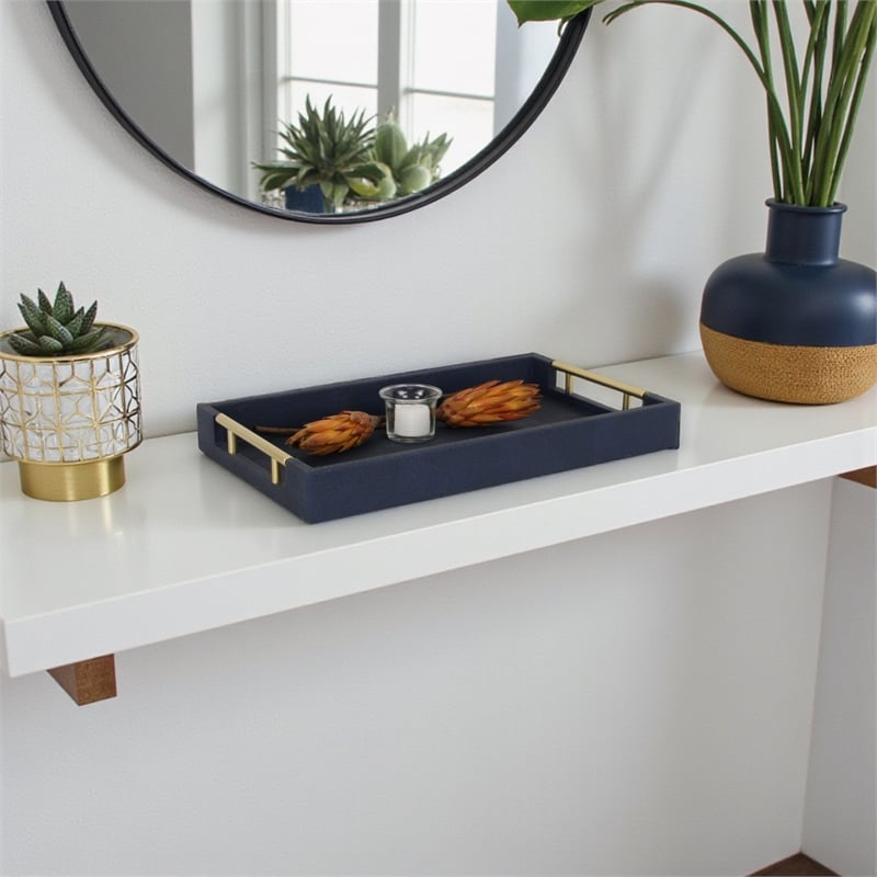 Pemberly Row Faux Shagreen Vinyl Tray in Navy Blue with Metal Handles