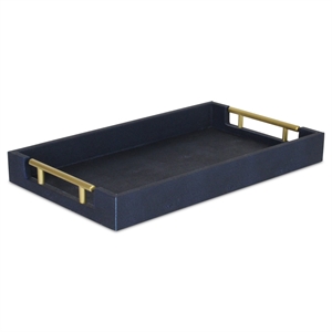 Pemberly Row Faux Shagreen Vinyl Tray in Navy Blue with Metal Handles