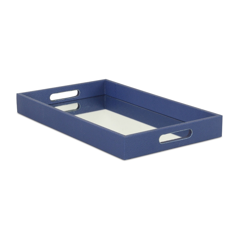 Pemberly Row Large Shagreen Mirrored Tray in Navy Blue with Cut-Out Handles