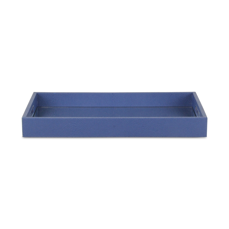 Pemberly Row Large Shagreen Mirrored Tray in Navy Blue with Cut-Out Handles