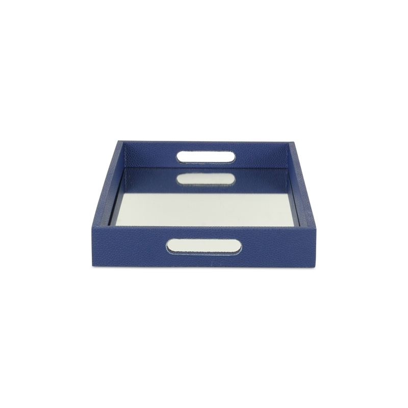 Pemberly Row Large Shagreen Mirrored Tray in Navy Blue with Cut-Out Handles