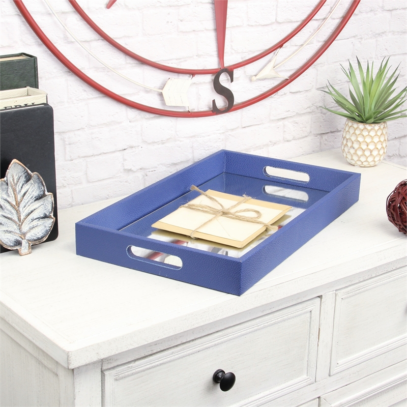Pemberly Row Large Shagreen Mirrored Tray in Navy Blue with Cut-Out Handles