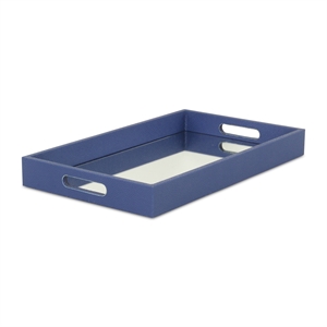 Pemberly Row Large Shagreen Mirrored Tray in Navy Blue with Cut-Out Handles