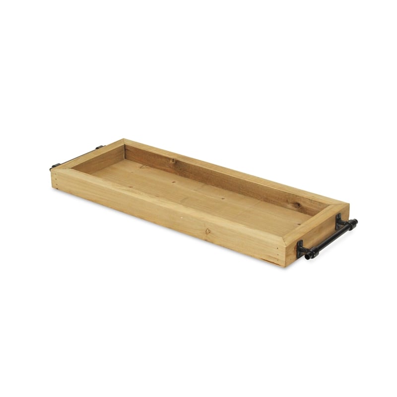 Pemberly Row Slim Rectangular Wood Tray with Steel Bar Handles