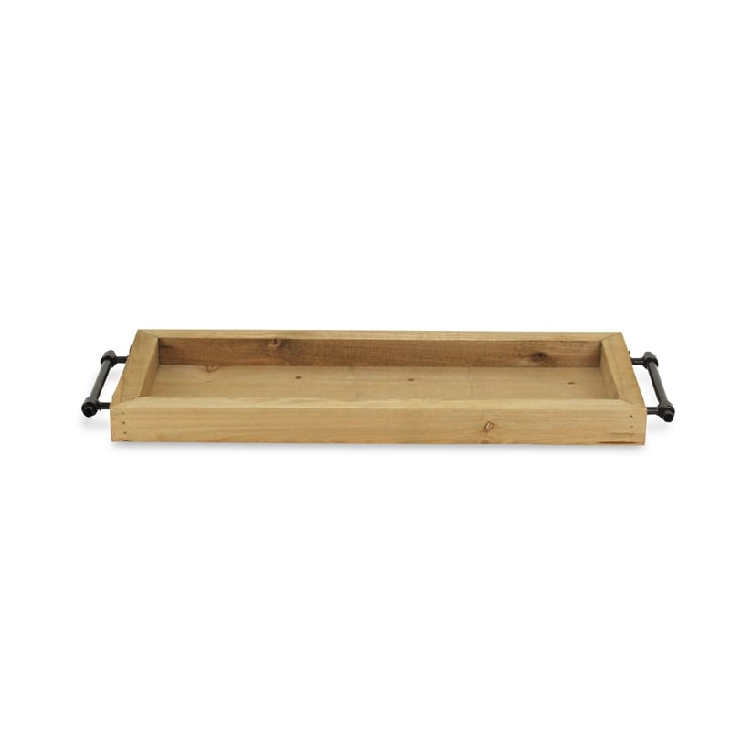 Pemberly Row Slim Rectangular Wood Tray with Steel Bar Handles