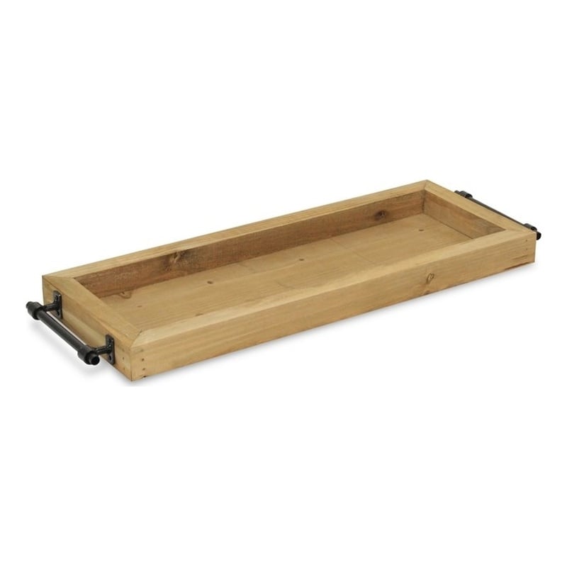 Pemberly Row Slim Rectangular Wood Tray with Steel Bar Handles