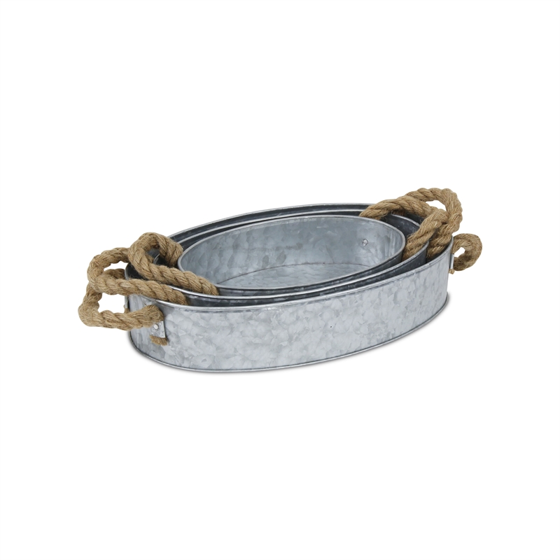 Pemberly Row Set of 3 Galvanized Steel Oval Trays with Rope Handles