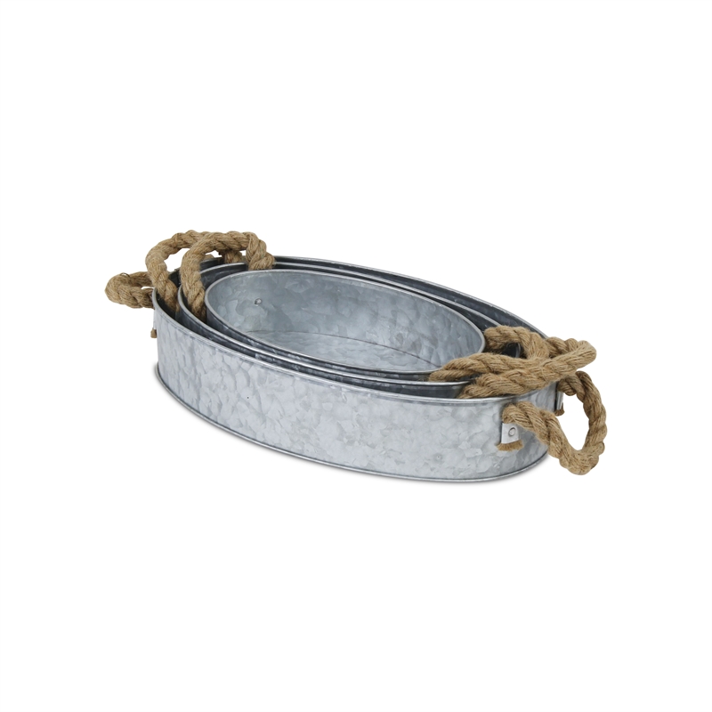 Pemberly Row Set of 3 Galvanized Steel Oval Trays with Rope Handles