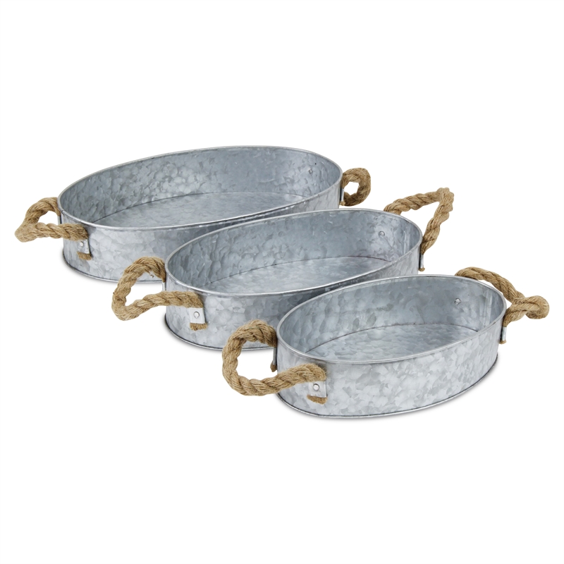 Pemberly Row Set of 3 Galvanized Steel Oval Trays with Rope Handles