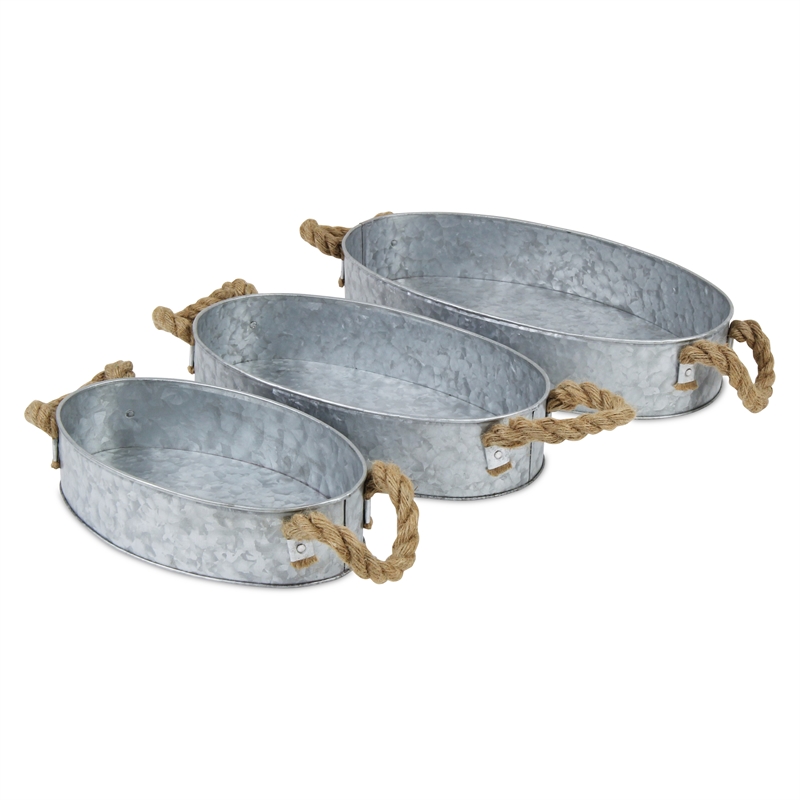 Pemberly Row Set of 3 Galvanized Steel Oval Trays with Rope Handles
