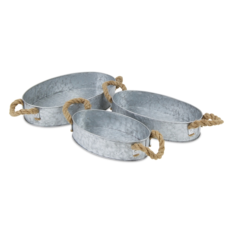 Pemberly Row Set of 3 Galvanized Steel Oval Trays with Rope Handles