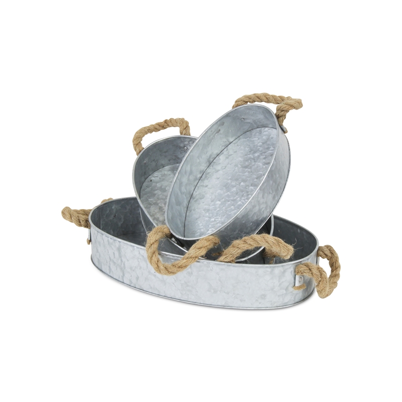 Pemberly Row Set of 3 Galvanized Steel Oval Trays with Rope Handles