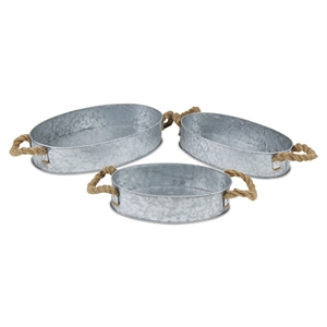 Pemberly Row Set of 3 Galvanized Steel Oval Trays with Rope Handles