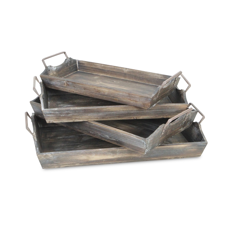 Pemberly Row Contemporary Set of 4 Nesting Wood Trays with Metal Handles