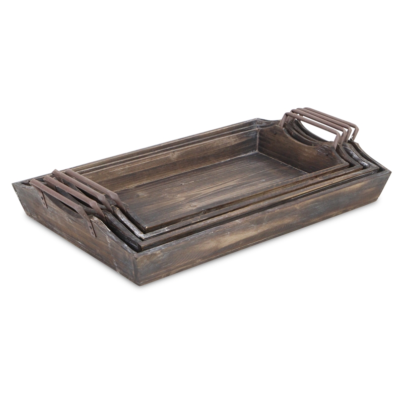 Pemberly Row Contemporary Set of 4 Nesting Wood Trays with Metal Handles