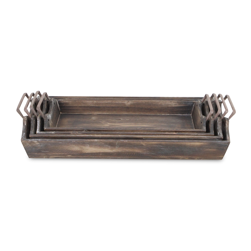 Pemberly Row Contemporary Set of 4 Nesting Wood Trays with Metal Handles