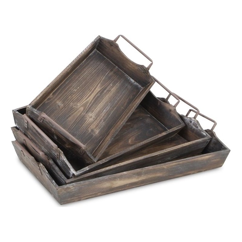 Pemberly Row Contemporary Set of 4 Nesting Wood Trays with Metal Handles
