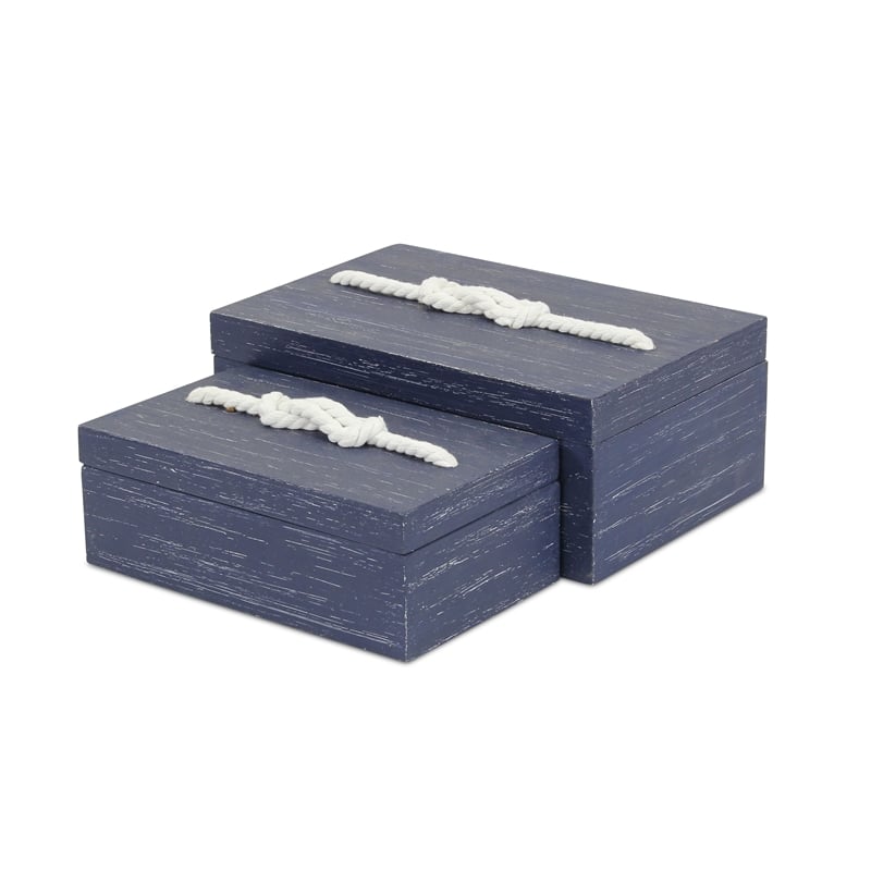 Pemberly Row 2 Piece Rectangular Wood Storage Box Set in Blue with Rope Accent